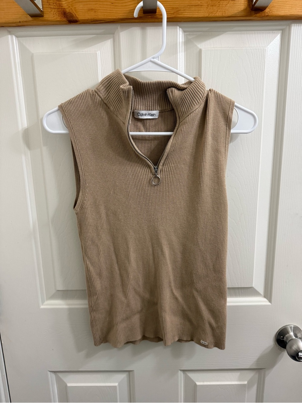 Calvin Klein Tan Ribbed Half-Zip Mock Neck Top